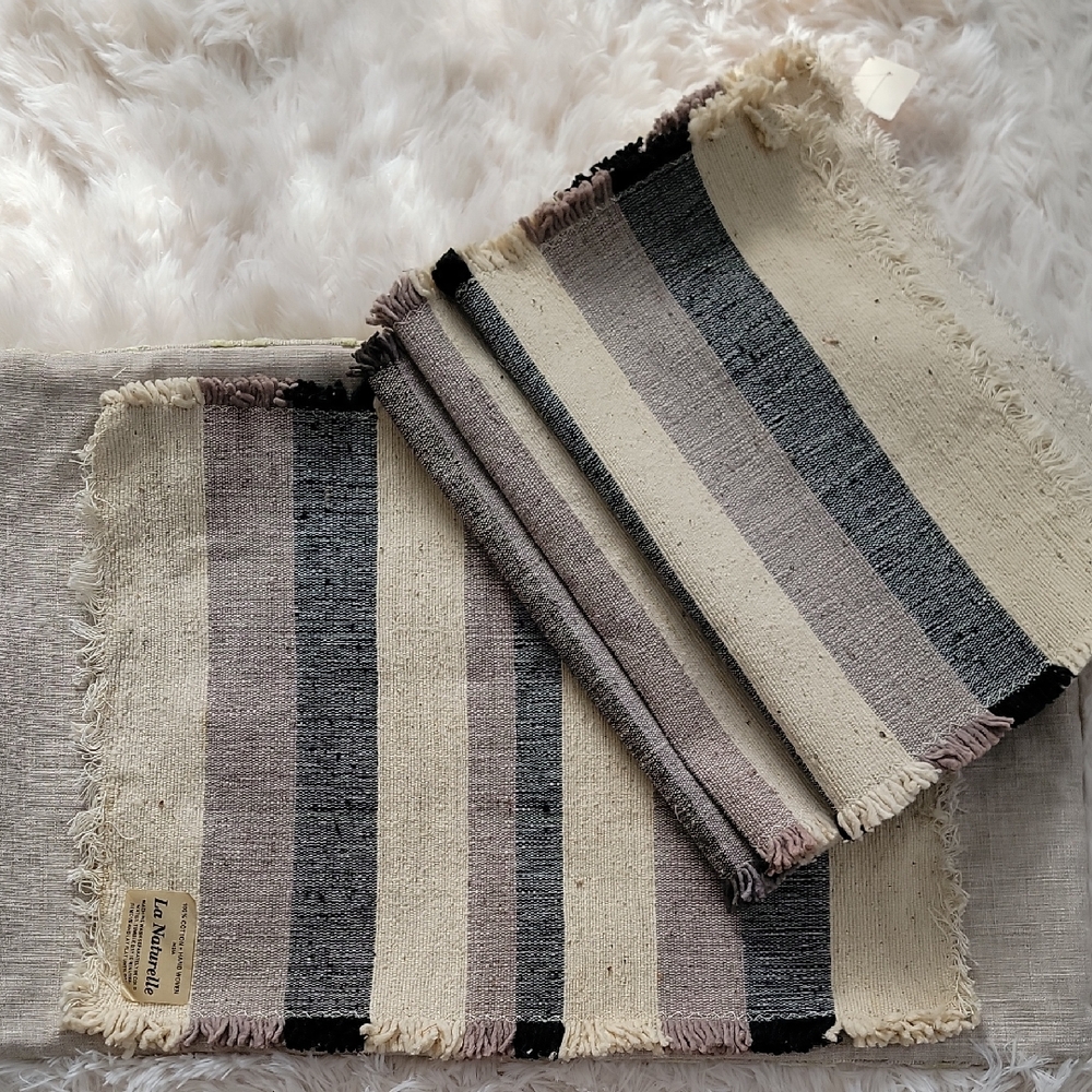 Gray Black Natural Oatmeal Striped Fringe Edge Set of 4 Cotton Placemats NWT